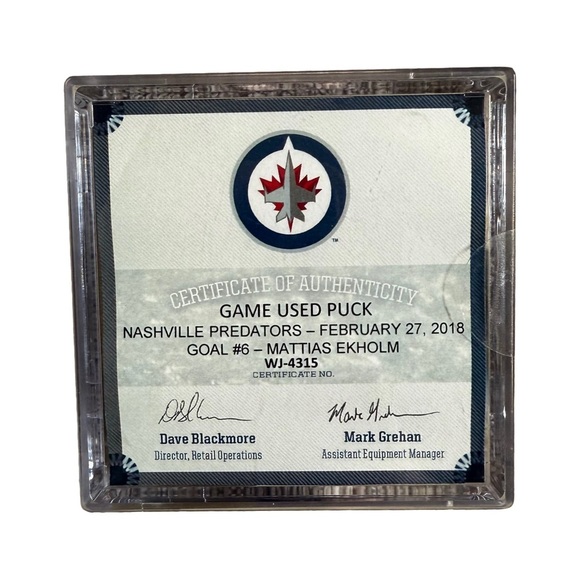 NWT NHL / WINNIPEG JETS / NASHVILLE PREDATORS MATTIAS EKHOLM GOAL GAME USED PUCK - Picture 2 of 5